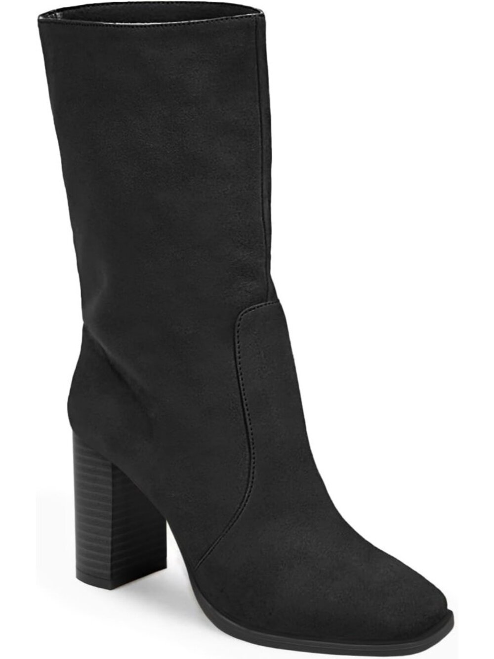 Women’s Black Faux Suede Chunky Stacked Square Toe Side Zipper Mid-calf Boots